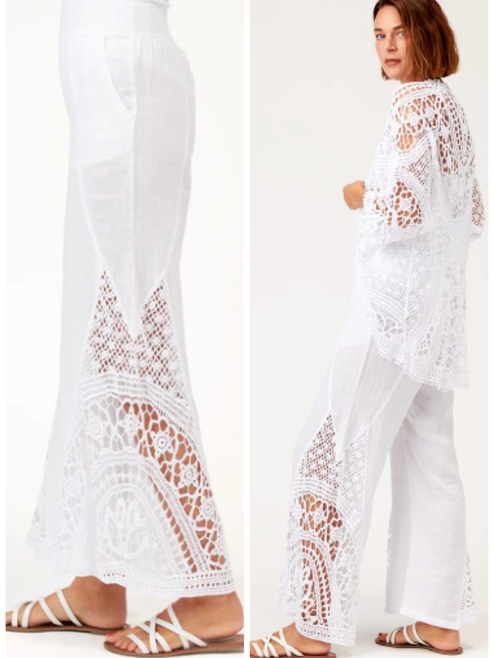 XCVI Wearables Ismay Linen Wide Leg Pants Crochet Detail White S EUC Resort Chic